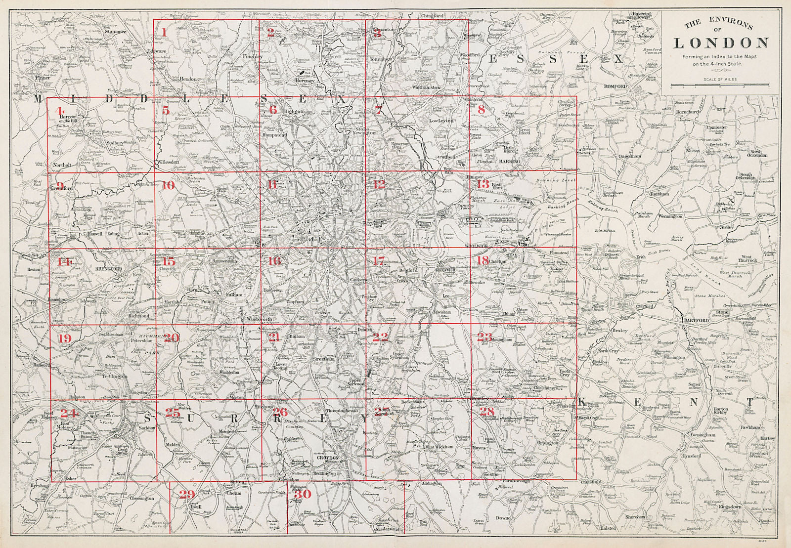 THE ENVIRONS OF LONDON. Index map. Main roads. BACON 1906 old antique